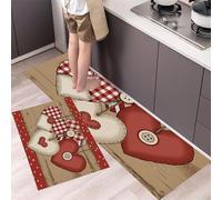 Alfombras de Cocina, 40x60cm+40x120cm Alfombra de Cocina Tablones Madera Rurales Antideslizante Alfombra de Piso Decoraciones En Forma Corazón Tapetes de Cocinas para Pasillo Entrada lavandería, Rojo