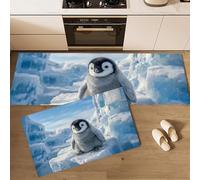 Alfombras De Cocina Animales Realistas Juegos De 2, 40×60Cm+40×120Cm Alfombras Polluelos Pingüino Emperador Glaciar Antideslizantes Para Cocina, Lavandería, Fregadero, Oficina, Escritorio,Azul Claro