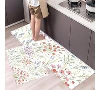 Alfombras de Cocina Antideslizantes 2 Piezas, Flores en acuarela Patrón de flores silvestres de lavanda Resistentes a Las Manchas, Alfombras de Correr Lavables para Pasillo,Rojo,50x80+50x150cm