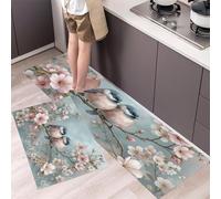 Alfombras de Cocina Antideslizantes, Rama Cerezo Flor Pajarito Tapetes de Cocina Pinturas Tradicionales Flores Pájaros Felpudos Lavable a Máquina para Cocina, lavandería, Fregadero, 40x60cm+40x120cm
