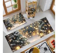 Alfombras de Cocina Árbol Navidad Luces Intermitentes Antideslizantes Juego de 2 Alfombra Cuento Hadas Alfombra de Suelo para Delante del Fregadero, Pasillo Comedor, Verde Oscuro, 43x75cm+43x120cm