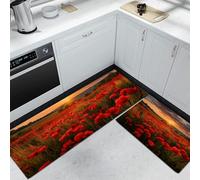 Alfombras de Cocina Belleza Natural Juego de 2 Piezas Alfombras con Amanecer Campos de Amapolas, Antideslizantes y Lavables para Entradas Cocinas Vestíbulos, Rojo, 40x60cm+40x120 cm