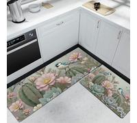 Alfombras De Cocina con Aves Cactus Juegos De 2 Alfombrillas De Estilo Dibujado a Mano Juego De Tapetes De Entrada Lavables Antideslizantes Blandas, Rosa, 43x75cm+43x150 cm