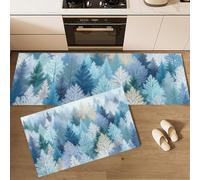 Alfombras De Cocina con Bosque De Coníferas Juegos De 2 Alfombrillas De Bosque De Invierno Juego De Tapetes para Pasillo Comedor Entrada, Lavables Antideslizantes, Azul, 40x60cm+40x120 cm