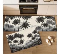 Alfombras De Cocina con Palmeral Antiguo Juegos De 2 Alfombrillas De Jungla Tropical Juego De Tapetes para Pasillo Comedor Entrada, Lavables Antideslizantes, Negro Y Gris, 60x90cm+60x180 cm