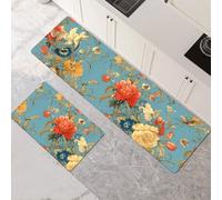 Alfombras de Cocina de 2 Piezas, Alfombra Cocina Lavable Antideslizante Súper Absorbente, Alfombra Baño Secado Rapido para Pasillo, Comedor, Entrada, Lavandería Teal 60x90cm+60x180cm 1-673