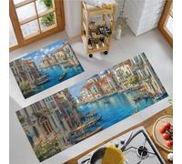 Alfombras de Cocina de 2 Piezas Estilo De Dibujos Animados,tapetes de Cocina Paisaje Urbano Antideslizantes y Lavables Alfombra de Piso Azul, para Pasillo Entrada lavandería, 40x60cm+40x120 cm