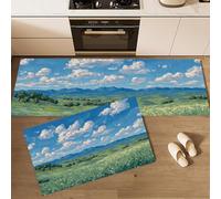 Alfombras de Cocina de 2 Piezas Estilo Impresionista tapetes de Cocina Campos Montañas Cielo Antideslizantes y Lavables Alfombra de Piso Verde, para Pasillo lavandería, 43x75cm+43x150 cm