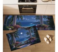 Alfombras de Cocina de 2 Piezas Estilo Mediterráneo, Antideslizante Alfombras de Piso Balcón Junto Al Mar, Lavables a Máquina para Junto al Fregadero, Pasillo 50x80cm+50x150 cm, Azul Oscuro