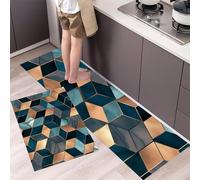 Alfombras de Cocina de 2 Piezas Lujo Moderno, Antideslizante Absorbe, Alfombras de Piso Mármol Geometría Sólida Lavables para Cocina Junto al Fregadero, Pasillo 60x90cm+60x180 cm, Azul Oscuro