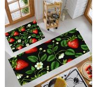 Alfombras de Cocina de 2 Piezas Realismo Naturalista, Antideslizante Absorbe, Alfombras de Piso Fresas Flores Hojas, Lavables a Máquina para Junto al Fregadero, Pasillo 40x60cm+40x120 cm, Verde