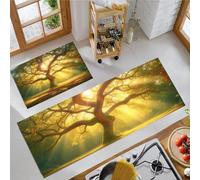 Alfombras de Cocina de 2 Piezas Realismo Naturalista,tapetes de Cocina Árboles Frondosos Antideslizantes y Lavables Alfombra de Piso Amarillo-Verde, para Pasillo lavandería, 50x80cm+50x150 cm