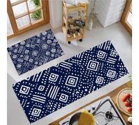 Alfombras de Cocina Estilo Bohemio, Juego de 2 Piezas, alfombras y Alfombrillas con Patrones Tribales, Antideslizantes y Lavables para entradas, cocinas vestíbulos, Azul Y Blanco, 40x60cm+40x120 cm