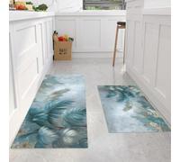 Alfombras De Cocina Hojas Tropicales Juegos De 2, 44×70Cm+44×120Cm Alfombras Hojas Palma Pequeñas Flores Blancas Antideslizantes Para Cocina, Lavandería, Fregadero, Oficina, Escritorio,Azul Hielo