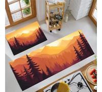 Alfombras De Cocina Montañas Al Atardecer Juegos De 2 Alfombrillas De Bosque Dibujos Animados Juego De Tapetes De Entrada Lavables Antideslizantes Antifatiga Blandas, Naranja Quemado, 43X75+43X150Cm