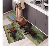 Alfombras De Cocina Paisaje De Árboles De Los Lagos Juegos De 2, 40×60Cm+40×120Cm Alfombras Caballos Galopando Por La Pradera Antideslizantes Para Cocina, Lavandería, Fregadero, Negro Parduzco