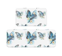 Alfombras de cocina pequeñas con estampado de mariposas azules en flor, antideslizantes, lavables, 2 juegos, antideslizantes, impermeables