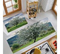 Alfombras De Cocina Pintura Al Óleo De Manzano Juegos De 2 Alfombrillas De Paisaje De Montaña Juego De Tapetes De Entrada Lavables Antideslizantes Antifatiga Blandas, Verde Claro, 50X80+50X150Cm