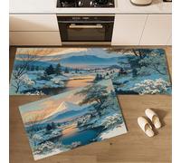 Alfombras De Cocina Pintura De Paisajes Tradicional Juegos De 2, 40×60Cm+40×120Cm Alfombras Patrón Río La Montaña Nevada Antideslizantes Para Cocina, Lavandería, Fregadero, Oficina, Escritorio,Azul