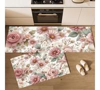 Alfombras de Cocina Rosas Margaritas Pequeñas Flores Antideslizantes Juego de 2 Alfombra Campestre Alfombra de Suelo Absorbentes para Delante del Fregadero, Pasillo y Comedor, Rosa, 50x80cm+50x150cm