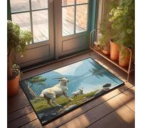 Alfombras de cocina rústicas con texto en inglés "A Goat And Its Kid Stand by A Serene Lake Surrounded By Mountains", felpudo de bienvenida para puerta delantera (65 x 90 cm)