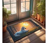 Alfombras de cocina rústicas Un unicornio descansa en un bosque iluminado por el sol, felpudo para decoración de cámper, tapete de bienvenida para puerta delantera (50 x 80 cm)