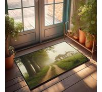Alfombras de cocina rústicas, una escena rural pacífica con un camino de tierra que conduce a una granja en una mañana de niebla, felpudo de bienvenida de otoño para puerta delantera (50 x 80 cm)