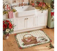 Alfombras de cocina vintage con temática navideña de 20 x 31 pulgadas | Buffalo Check Border, alfombras para suelo de cocina, guirnalda de bayas de acebo, galletas de jengibre, mezclador retro