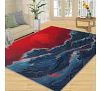 Alfombras de estilo japonés para sala de estar, 180 x 240 cm, alfombra antideslizante con diseño de luna roja para dormitorio, comedor, estilo Ukiyo-E, olas del mar, alfombra antideslizante para