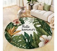 Alfombras de Pelo Corto Tema De Verano 160cm Alfombras Redondas Hojas Y Flores Tropicales Alfombra Salon Antideslizante Lavables en Lavadora para salón, Dormitorio Infantil, Comedor, Verde Oscuro