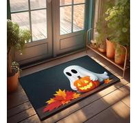 Alfombras de porche al aire libre, un bonito fantasma sosteniendo una linterna brillante rodeada de hojas de otoño, juego de tapetes de baño, decoración divertida al aire libre (65 x 90 cm)