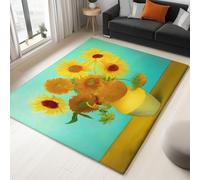 Alfombras de sala de estar, 120 x 170 cm, suaves, de pelo bajo, antideslizantes, para dormitorio, comedor, salón, jarrón de pintura al óleo, girasoles, lavable, no desprende pelusa, color verde claro
