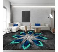 Alfombras extragrandes de 2 x 3,4 m, estampado moderno de plumas verde azulado y azul, negro, 200 x 335 cm, alfombra lavable para sala de estar, casa de campo, alfombra estética decorativa