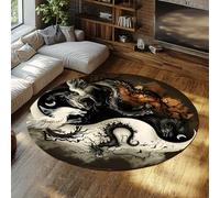 Alfombras góticas redondas 100cm Yin Yang con patrón de dragón y árbol Felpuda salón antideslizante lavable Suave plegable fácil limpiar circulares resistentes a manchas Decoración la entrada