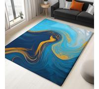 Alfombras lavables para sala de estar, 160 x 230 cm, color azul esponjoso, alfombra grande para dormitorio, antideslizante, pelo bajo, suave, abstracto, remolino líquido, alfombras de mármol líquido