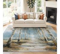 Alfombras Lavables para Sala de Estar 160 x 230 cm - Retro Bosque De Abedules Camino Alfombras Estampadas para Dormitorio, Azul Claro Alfombra de Pelo Corto Antideslizante para Mesita de Noche
