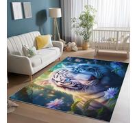 Alfombras Lavables para Sala de Estar, Fantasía Flores Luciérnagas Tigre Alfombras Antideslizantes para Dormitorio, 120 x 170 cm Alfombra de Pelo Corto para Habitación de los Niños, Azul Blanco