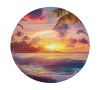 Alfombras Modernas Minimalistas Redondas Arrecifes Tropicales Olas rompiendo Resplandor del Atardecer Siluetas Palmas alfombras Lavables Suaves Pelo bajo Antideslizante Decoración Interior 80x80cm