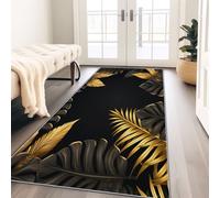 Alfombras negras y doradas para dormitorio, sala de estar, lavable, TPR, antideslizante, plantas tropicales, hojas de palma, alfombra de suelo para mesita de noche, alfombra suave para interiores y