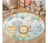 Alfombras Redonda Animales De Dibujos Animados,Alfombra Habitación Lavable Antideslizante Muy Suave para Salón o Dormitorio,Cama Infantil Lavable Bebe De Juego Elefante Jirafa León (Azul Verdoso)