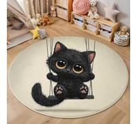 Alfombras Redonda Animales de dibujos animados,Alfombra Habitación Lavable Antideslizante Muy Suave para Cama Infantil Lavable Bebe Niña Niño De Juego Gato negro columpiándose en un columpio (Negro)