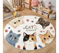 Alfombras Redonda Animales En Acuarela para Habitación de los Niños Alfombra Gato De Dibujos Animados Muy Suave Falso Lanade, Lavable Antideslizante, Lavables en Lavadora, No se Desprenden, 120cm