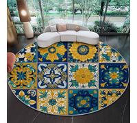Alfombras Redonda de área 120 cm, Estilo marroquí Patchwork Patrones Diseño, Alfombra Suave Antideslizante y Lavable, Amarillo Azul Modernas de Interior Alfombra Franela para salón Dormitorio Comedor