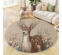 Alfombras Redonda De Ciervo De Flores Frescas, Animal Del Bosque De Dibujos Animados Antideslizante Alfombra Redonda, Beige Marrón Suave Alfombra De Pelo Corto Para Dormitorio, Entrada, Comedor, 180cm