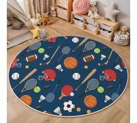Alfombras Redonda Deportes Pelota para Habitación de los Niños Alfombra Raquetas Baloncesto Y Tenis Mesa Muy Suave Falso Lanade, Lavable Antideslizante, Lavables en Lavadora, No se Desprenden, 120cm