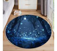 Alfombras Redonda Mariposas Y Luciérnagas 200cm Alfombra mullida de Pelo Corto Cielo Nocturno Del Bosque Mágico Antideslizante Muy Suave para Habitación de Niños, Dormitorio, Sala de Estar, Índigo