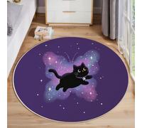 Alfombras Redonda Misterioso Gato Espacial para Habitación de los Niños Alfombra Mariposa Gato Negro Muy Suave Falso Lanade, Lavable Antideslizante, Lavables en Lavadora, No se Desprenden, 90cm