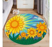 Alfombras Redonda Salon 100 Cm, Diversión Girasoles Pradera Antideslizante Lavable Alfombra De Área, Alfombra Redonda De Dormitorio Ilustración Garabatos Pelo Corto Para Interior Cocina, Azul Naranja