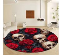 Alfombras Redonda Salon 160 cm, Gótico Calavera Rosas Rojas Lavable Alfombra de área, Alfombra Redonda de Salón Modernas Pelo Corto para Interior y decoración del hogar Gris Rojo