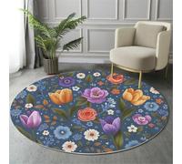 Alfombras Redonda Salon 160 Cm, Plantas Románticas Antideslizante Lavable Alfombra De Área, Alfombra Redonda De Dormitorio Rosas Tulipanes Margaritas Pelo Corto Para Interior Cocina, Azul Marino
